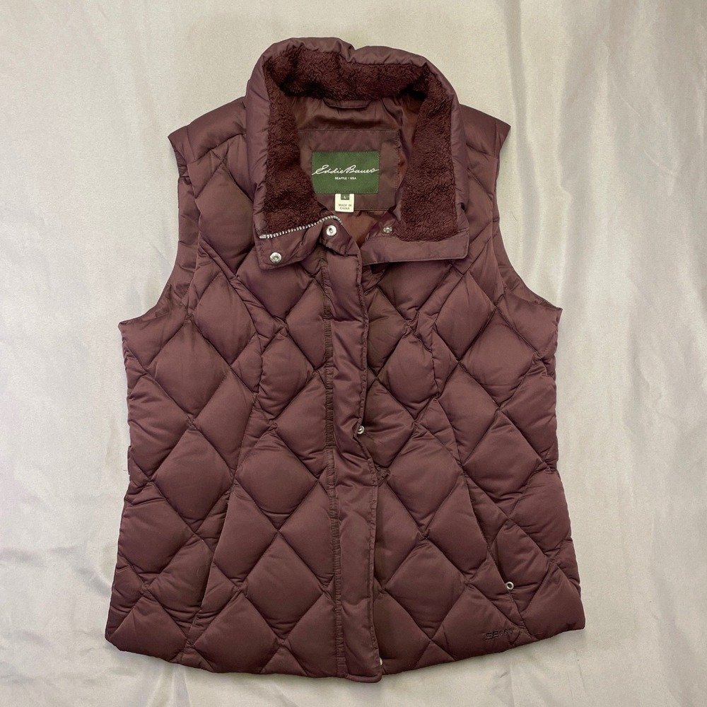 Eddie Bauer Womens Diamond Quilted Down‎ Puffer Vest Plum Purple Fleece Collar L